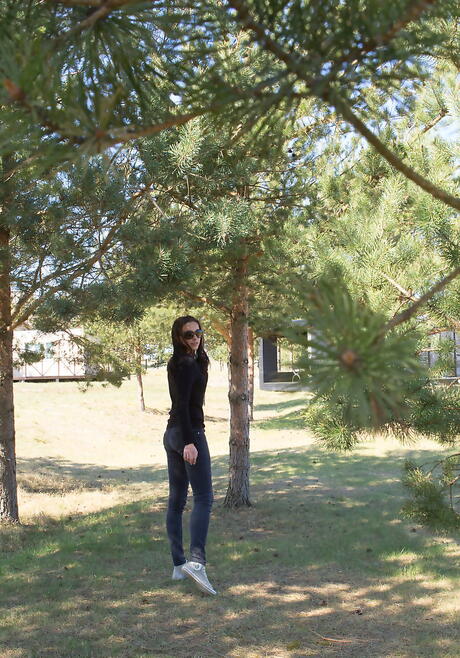 Hot dark hair cutie Diana G uncovers tiny tits and masturbates 